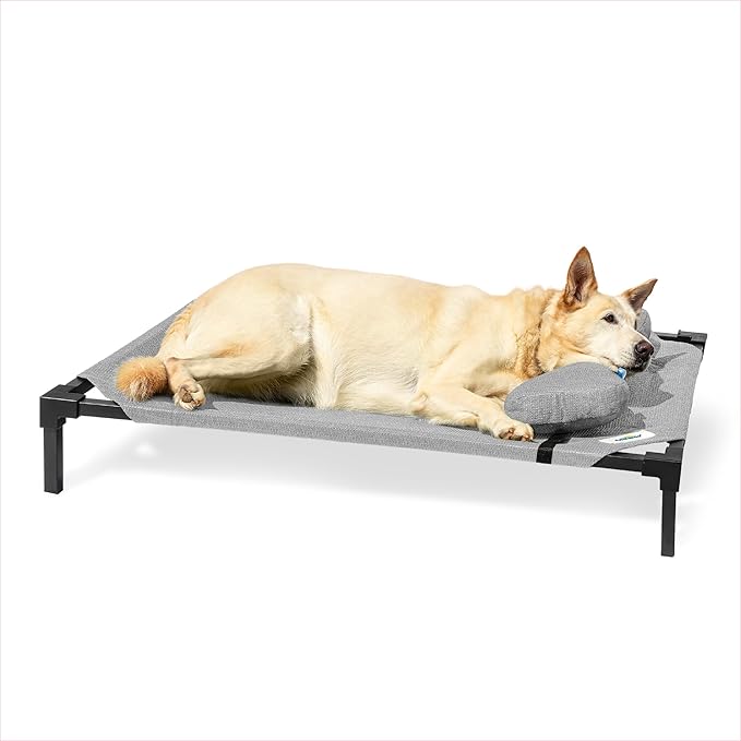 Coolaroo Pro Elevated Dog Bed with HeatShield Fabric – Advanced Cooling Raised Cot for Small & Medium Breeds, Easy-Clean, Low-to-Ground Access, Bonus Bolster Pillow – Glacier Grey