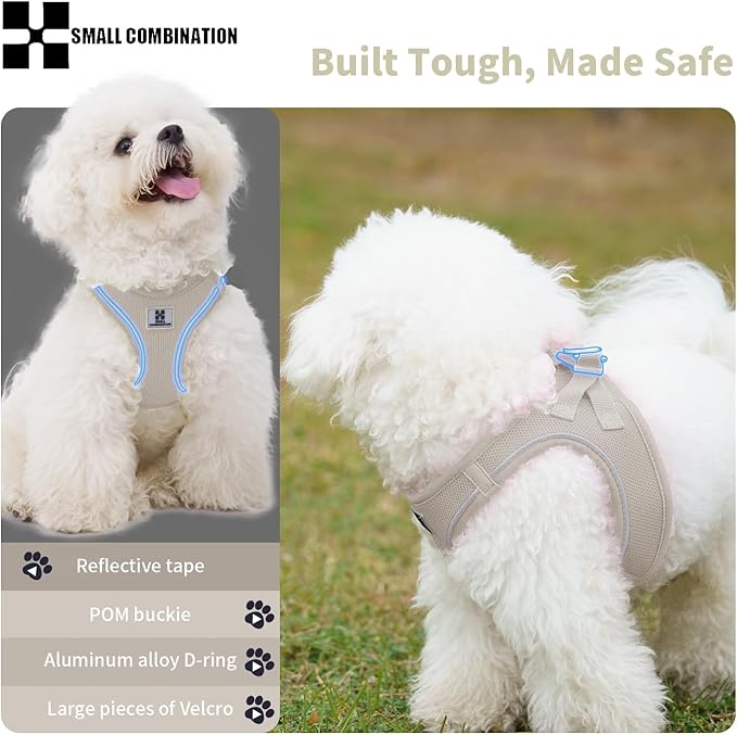 Adjustable Dog Harness with Leash, Reflective Mesh, No-Pull Design，Matching Lead Rope (Cream-Coloured, S)