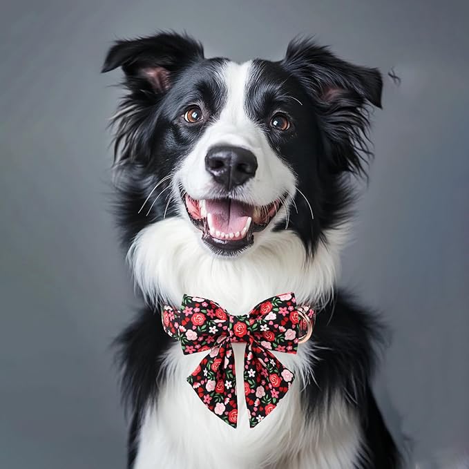 Floral Dog Collar with Lady Bow - Rose Red Wild Flowers Pattern Bowtie Puppy Collar, Adjustable Winter Heavy Duty Dog Collars for Small Medium Large Dogs XL