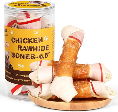 PAWUP Dog Treat Rawhide Bones with Chicken (6.5 ", 4 pcs), Dog Chews Beefhide Treats w/Taurine, 10.5 oz
