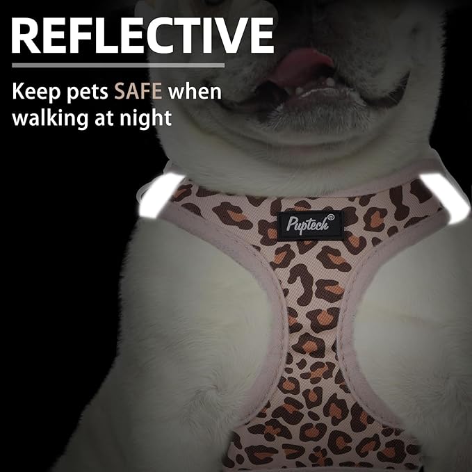 PUPTECK Dog Harness and Leash Set for Small Medium Dogs No Pull Step-in Soft Mesh Puppy Cat Vest Harnesses Reflective at Night, Brown Leopard Print, L