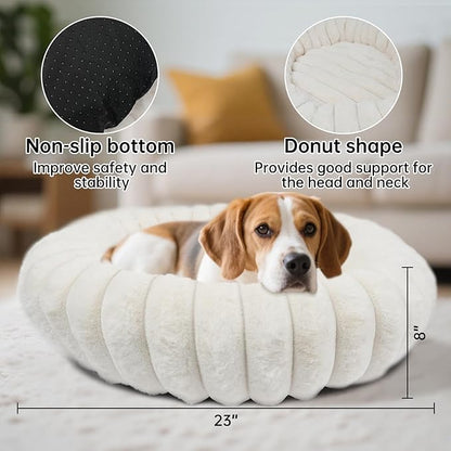 Donut Dog and Cat Bed, Luxurious Comfortable Faux Rabbit Fur Pet Beds, Soft Anti-Anxiety Calming Puppy Kitten Bed with Anti-Slip Bottom for Small Medium Dogs & Cats(23", White)