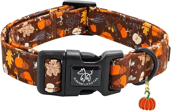Elegant little tail Halloween Dog Collar, Pumpkin with Maple Leaf Print Fall Pet Collars Cotton Soft Sturdy Puppy Collars Holiday Female Adjustable Collar for Medium Dogs