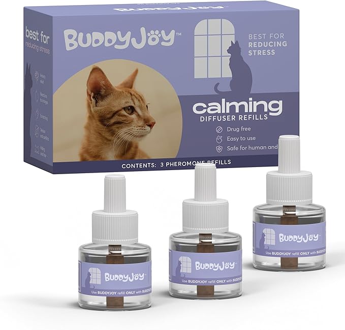 BUDDYJOY Cat Calming Diffuser Refills – Long-Lasting 30-Day Formula with Pheromones for Stress Relief, Relaxation, and Anxiety Reduction in Cats Easy to Use – (3 Refills)