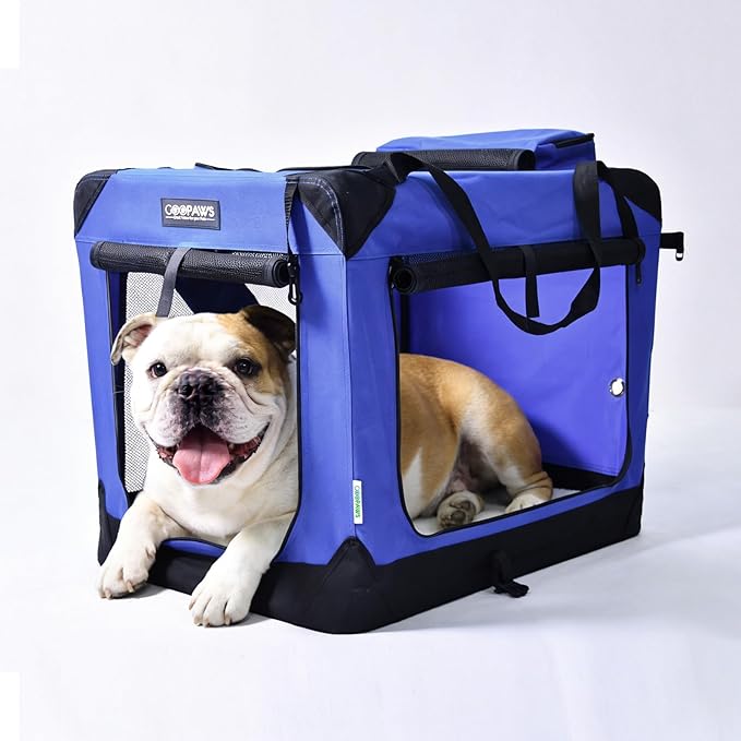 JESPET Soft Dog Crates Kennel for Pets, 3 Door Soft Sided Folding Travel Pet Carrier with Straps and Fleece Mat for Dogs, Cats (Royal Blue, Large(30" L x 21" W x 23" H))