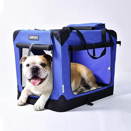 JESPET Soft Dog Crates Kennel for Pets, 3 Door Soft Sided Folding Travel Pet Carrier with Straps and Fleece Mat for Dogs, Cats (Royal Blue, Large(30" L x 21" W x 23" H))
