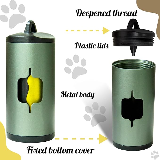 Metal Dog Poop Bag Holder w/Leash Clip|Durable Scratch-Resistant Aluminum|135 Bags+3 Accessories（Dark Green）