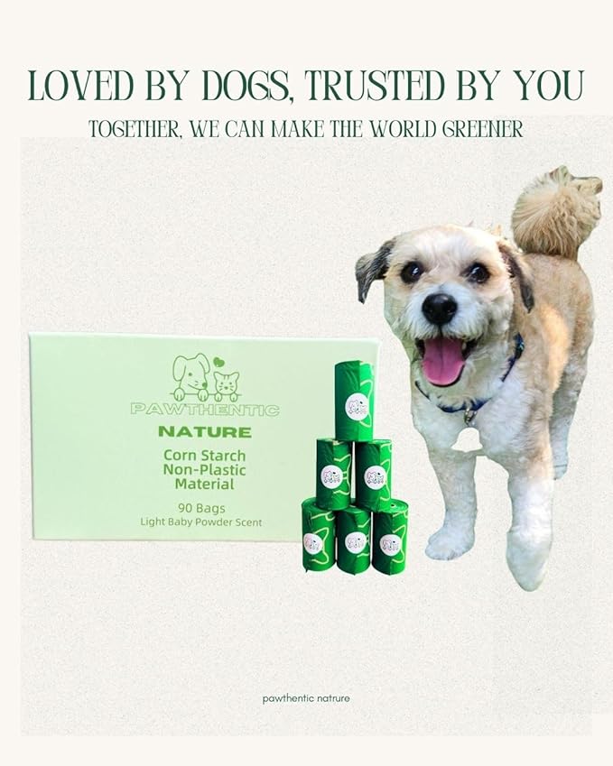Dog Poop Bags – 90 Count Value Pack, Extra-Thick 18 Micron, Leak-Proof, Plant-Based Material, Light Baby Powder Scent for Dogs & Cats – Pawthentic Nature