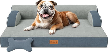 CWAWZ Large Orthopedic Dog Bed, Pet Bed Large Size Dog, Dual-Sided Cooling Beds with Memory Foam Washable Cover Nonslip Bottom, Waterproof Pet Beds with Bolsters, Dark Grey