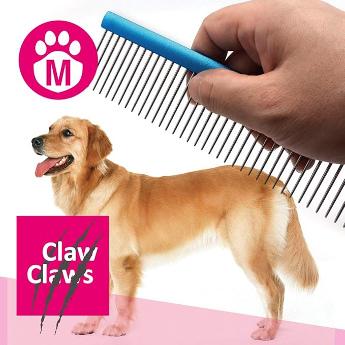 Claw Claws Greyhound Comb with Oval Handle for Dogs and Cats, Removing and Shedding Matted, Tangled Hair, Metal Comb with Stainless Steel Pins, Detangling Grooming Tool (9.8" Blue-20% fine pins)
