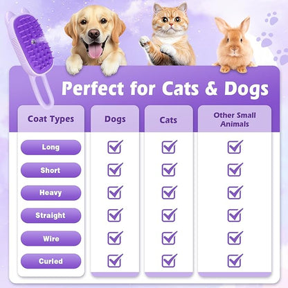Cat Steam Brush for Dog & Cat, Spritz Defur Comb 3 in 1 Pet Rechargeable Steam Brush Tool for Long and Short Haired Cats and Dogs, Anti-Static, Shedding, Detangling, Massage & Combing (Purple)