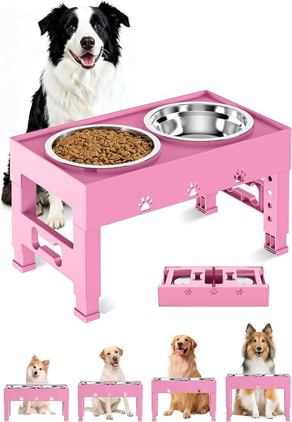 LAKIPETN Elevated Dog Bowls with 2 Stainless Steel Bowls, Raised Dog Food Bowl Stand 5 Height Adjustable (3.1", 9", 10", 11", 12") Non-Slip Feeder Set for Medium and Large Dogs - Pink