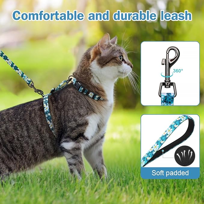 Hikiko Cat Harness and Leash Set Escape Proof Adjustable Walking Travel Cute Girl Kitten Harness for Small Medium Large Cats (Green Flower, S)