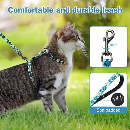 Hikiko Cat Harness and Leash Set Escape Proof Adjustable Walking Travel Cute Girl Kitten Harness for Small Medium Large Cats (Green Flower, M)