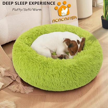 Calming Donut Dogs Beds for Small Dogs Washable,23inch Plush Round Pet Bed for Cozy Sleep,Fluffy Faux Fur Large Cat Bed,Fits up to 25 lbs Pets,Green