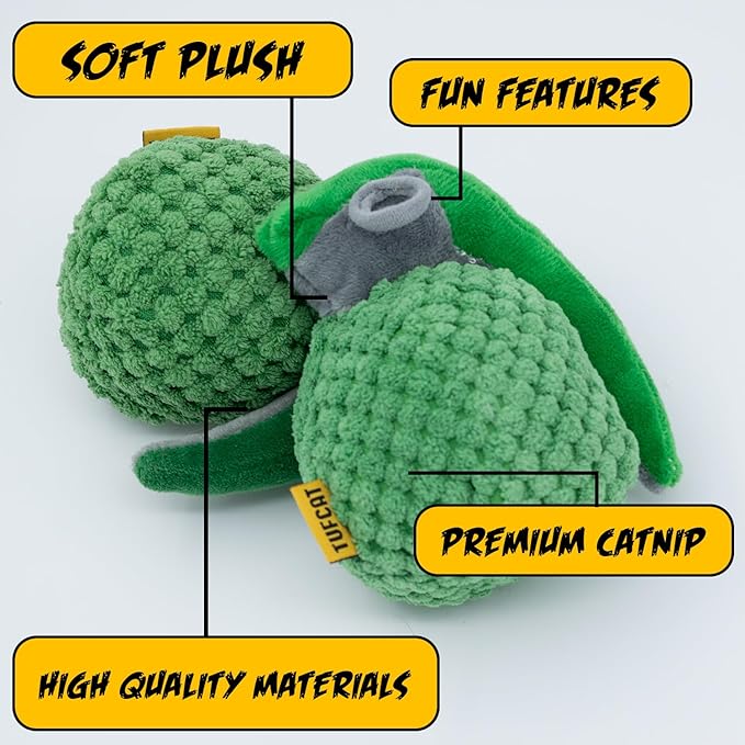 TUFCAT Cat Toy Grenade TNT and Cigar, Cat Toys for Indoor Cats, Kitten Toys, Catnip Toys for Cats of All Breeds, Action Themed Fun for Kicking, Biting, Chewing (Grenade, TNT, & Cigar, 3-Pack)
