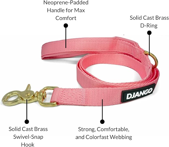 DJANGO Adventure Dog Leash – Strong, Comfortable, and Stylish Dog Leash with Solid Brass Hardware and Padded Handle - Designed for Outdoor Adventures and Everyday Use (Quartz Pink)