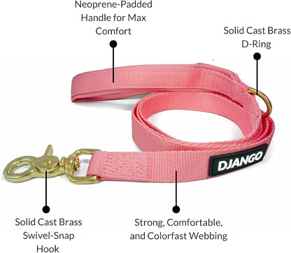 DJANGO Adventure Dog Leash – Strong, Comfortable, and Stylish Dog Leash with Solid Brass Hardware and Padded Handle - Designed for Outdoor Adventures and Everyday Use (Quartz Pink)