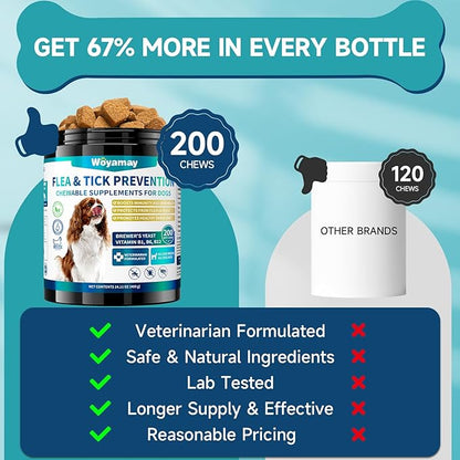Woyamay Flea and Tick Prevention for Dogs Chewables, 200 Soft Treats, Natural Dog Flea and Tick Treatment, Oral Flea Chews for Dogs Supplement, Flea and Tick Chews for Dogs Puppies, All Breeds & Sizes
