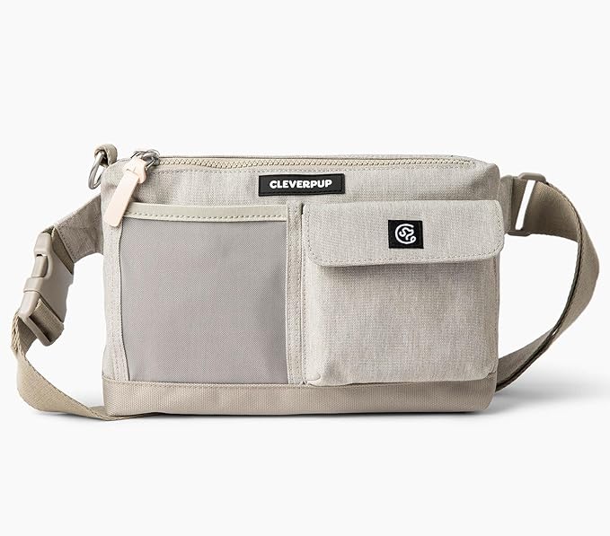 Cleverpup, Dog Walk & Train Sling Bag - Hands-Free 2-In-1 Treat Pouch, Poop Bag Holder, Clicker, Phone Pocket - Crossbody/Fanny Pack, Adjustable Strap - Sand