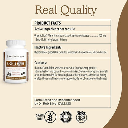 Real Mushrooms Lion’s Mane Pet Mushroom Supplement – Pet Wellbeing Capsules – for Cat & Dog Supplement & Vitamins – Support Mindful Routines – Organic, Vegan, Non-GMO, 120 Count
