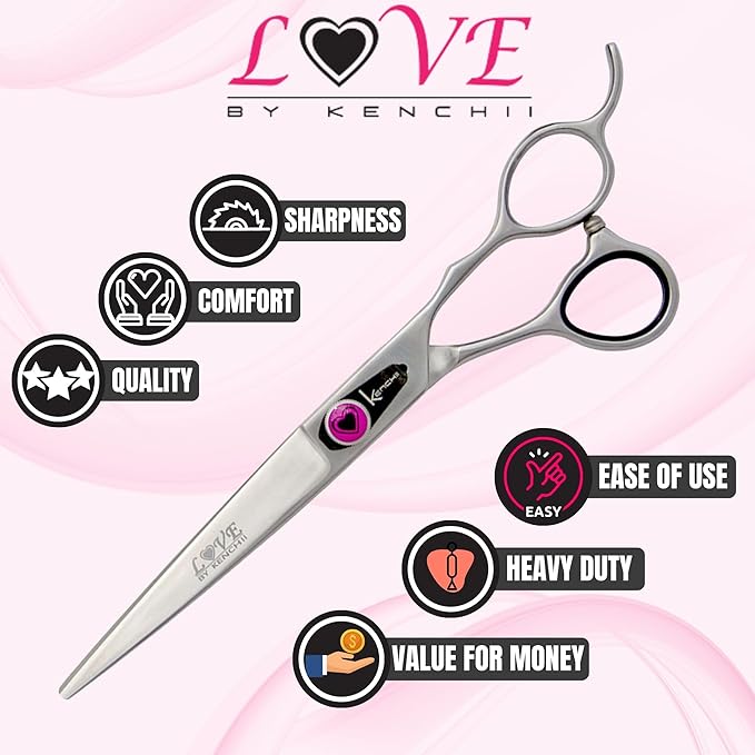 Kenchii Love Dog Grooming Scissors, 7 Inch Straight Shears, Dog Scissors for Grooming, Professional Pet Grooming Scissors, Ergonomic & Comfortable