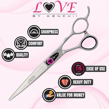 Kenchii Love Dog Grooming Scissors, 7 Inch Straight Shears, Dog Scissors for Grooming, Professional Pet Grooming Scissors, Ergonomic & Comfortable