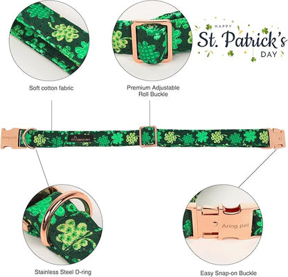 ARING PET St. Patrick's Day Dog Collar with Bow, Cute Adjustable Plaid Clovers Bowtie Pet Collars with Metal Buckle for Puppy Small Medium Large Boy Girl Dogs-L