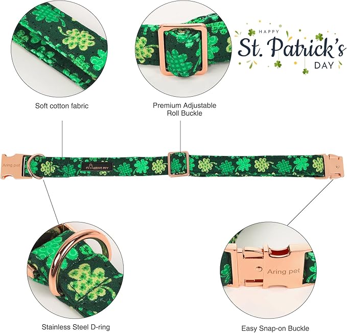 ARING PET St. Patrick's Day Dog Collar with Bow, Cute Adjustable Plaid Clovers Bowtie Pet Collars with Metal Buckle for Puppy Small Medium Large Boy Girl Dogs-M