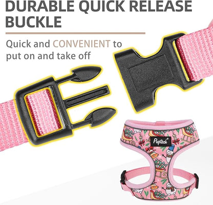 PUPTECK Soft Mesh Christmas Dog Harness and Leash Set Pet Puppy Cat Comfort Padded Vest No Pull Harnesses, Bright Pink, S