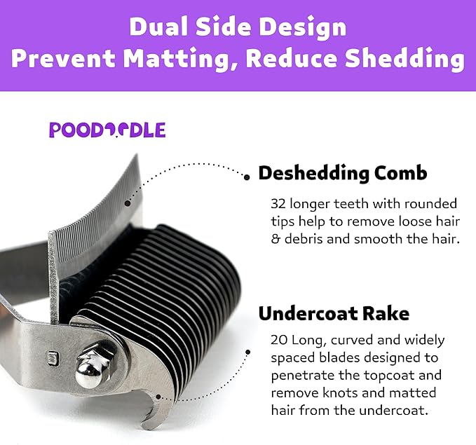 Poodoodle 2 in 1 Undercoat Rake for Dogs and Cats, Professional Grooming Brush Dematting & Shedding Comb to Remove Loose Hair, Matted Fur Efficiently, Perfect for Poodle, Doodle & All Long Haired Pets