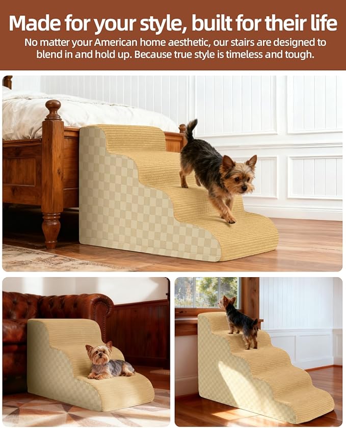 Dog Curved Stairs for High Beds 22" H, 5-Step Pet Stairs for Small Dogs with High Density Foam, Dog Slope Stairs with Durable Non-Slip Bottom Khaki