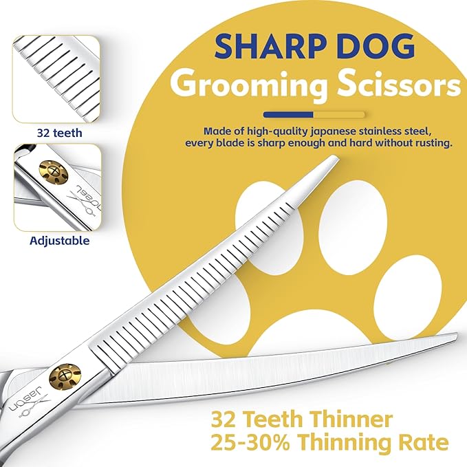 JASON 7" Dog Grooming Scissors - Up-curved Thinning Shears with 25%-30% Thinning Rate, Japanese 440C Stainless Steel Dog Blenders for Grooming with Adjustable Screw (32 Teeth, Silver) Christmas Gift