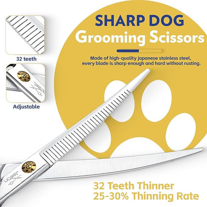 JASON 7" Dog Grooming Scissors - Up-curved Thinning Shears with 25%-30% Thinning Rate, Japanese 440C Stainless Steel Dog Blenders for Grooming with Adjustable Screw (32 Teeth, Silver) Christmas Gift