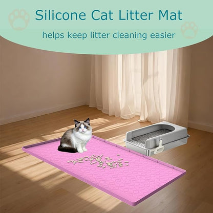 Jacooxi Cat Litter Mat, Silicone Large Cat Mat for Litter Box - 34x22 in, Waterproof & Non-Slip, Durable & Easy Clean, Pink