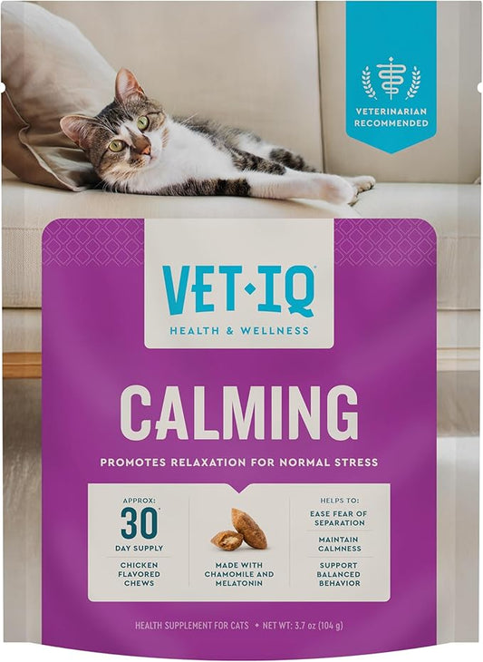 VetIQ Cat Calming Treats with Melatonin for Stress Relief, Organic Ashwagandha, and GABA Chicken Flavored Chews, 3.7oz