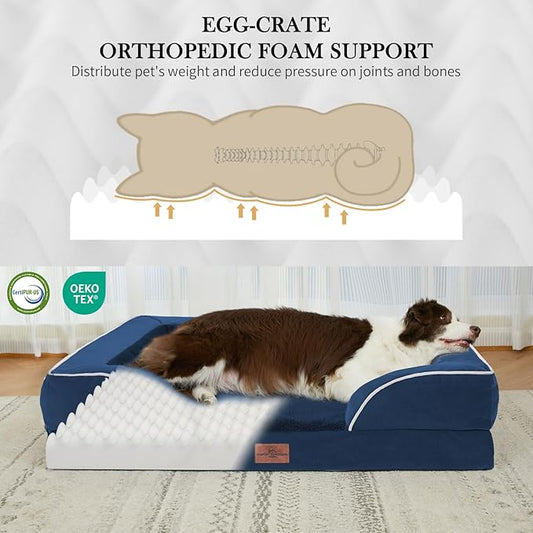 Comfort Expression Orthopedic Dog Bed for Extra Large Dogs 42x30 Inch, Waterproof Egg Crate Foam XL Pet Bed with Removable Bolsters, Dog Couch with Washable Cover & Non-Slip Bottom, Navy Blue