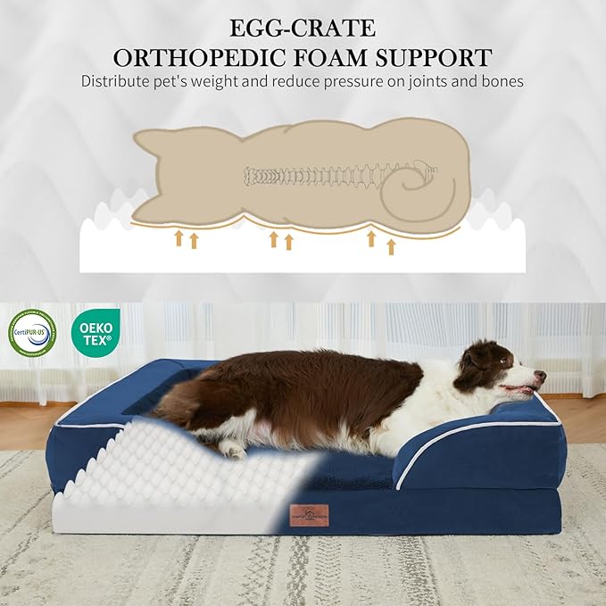 Comfort Expression Orthopedic Dog Bed for Extra Large Dogs 45x35 Inch, Waterproof Egg Crate Foam XL Pet Bed with Removable Bolsters, Dog Couch with Washable Cover & Non-Slip Bottom, Navy Blue