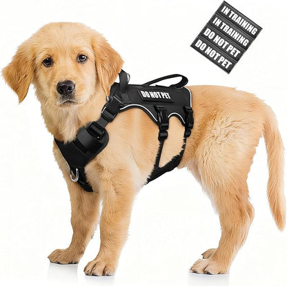 WINSEE Escape Proof Dog Harness, Service Working Molle Harness with Double Handle, Tactical Pet Vest with 4 Patches for Small Medium Large Dogs Walking Hiking Hunting