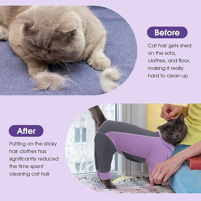 SUNFURA Hair Sticky Cat Clothes, Cat Sweater for Cats Only, 4-Legged Fleece Sweaters Kitten Pajamas Reduce Shedding Fur, Warm Pullover Shirts for Cats, Purple XL