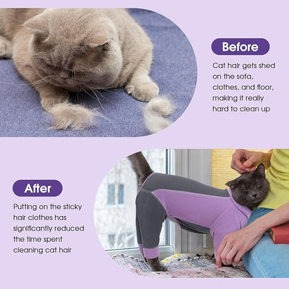 SUNFURA Hair Sticky Cat Clothes, Cat Sweater for Cats Only, 4-Legged Fleece Sweaters Kitten Pajamas Reduce Shedding Fur, Warm Pullover Shirts for Cats, Purple XL