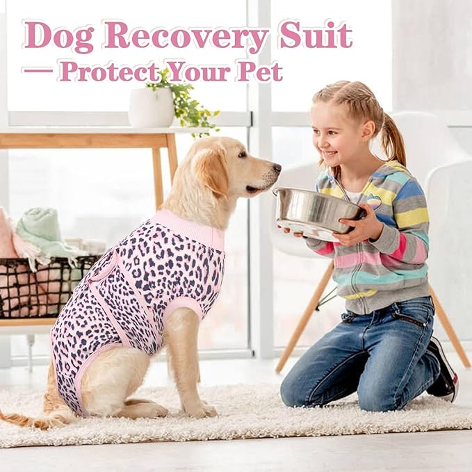 Kuoser Recovery Suit for Dogs, Dog Recovery Suit Female Doggie Onesie for Surgery, Post-Op Onesie for Female & Male Dogs, Soft Protective Wear, PinkLeopard M