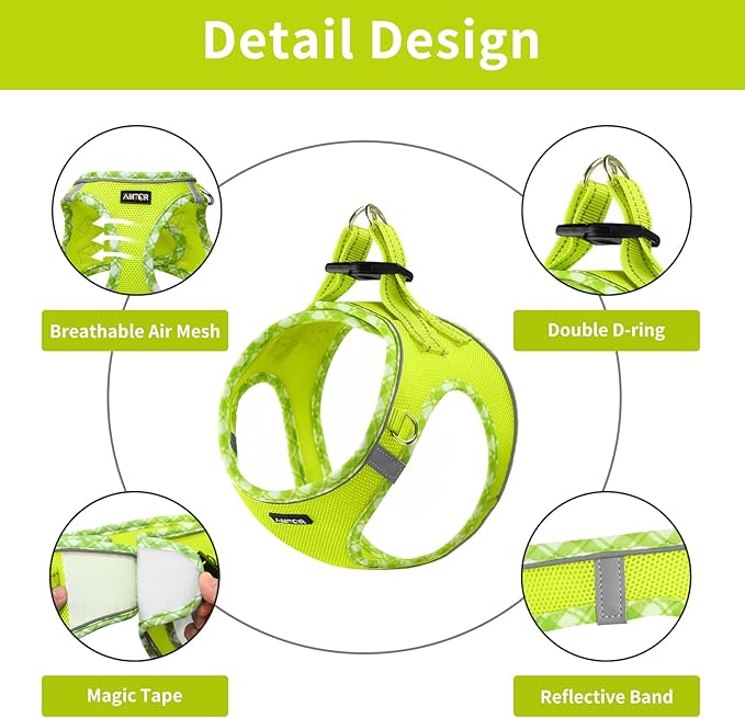 AMTOR Small Dog Harness with Leash Set, No Escape Easy Walk Puppy Harnesses for Training Walking, Step-in Reflective Soft Dogs Vest for XS S Medium Extra-Small Large Sized Dog(XL Size,Green/White)