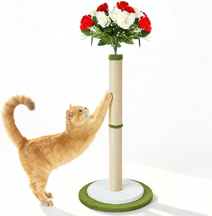 CWV 45" Tall Cat Scratching Post, Cute Rose Flower Cat Scratcher for Indoor Adult Cats & Kittens, Cat Tree Tower with Sturdy Base, Sisal Rope, Interactive Toys & Cat Gifts, Rascadores para Gatos