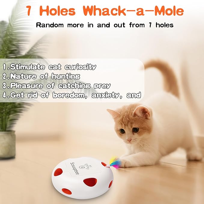Scsuupoee Interactive Cat Toy, Electric Cat Toys for Moving Concealed Feathers, Smart Sensor 7 Holes Whack a Mole Feather Toy, USB Charge Automatic Kitten Christmas Toys,White