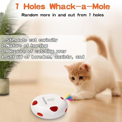 Scsuupoee Interactive Cat Toy, Electric Cat Toys for Moving Concealed Feathers, Smart Sensor 7 Holes Whack a Mole Feather Toy, USB Charge Automatic Kitten Christmas Toys,White