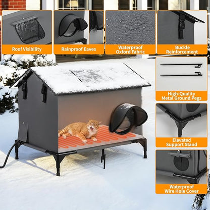 Large Heated Cat House for Outside, Weatherproof Insulated Indoor Extra Large Multi-Cat House with Adjustable Heating Pad, Escape Door & Elevated Base, Warm Shelter for Feral Stray Barn Cats