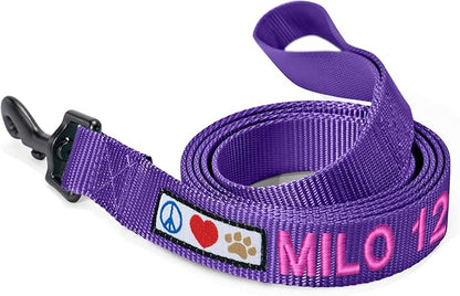 Pawtitas Personalized 6 ft Purple Dog Leash XXS/Cat Custom Name and Phone Embroidery Strong Nylon Leash for Small Breeds