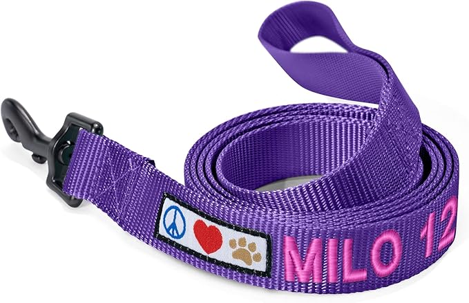 Pawtitas Personalized 6 ft Purple Dog Leash M/L Custom Name and Phone Embroidery Strong Nylon Leash for Medium and Large Breeds