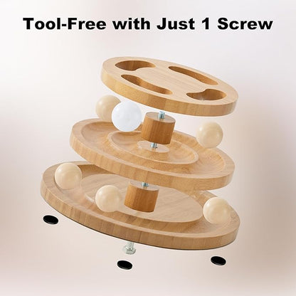ZOMISIA Cat Ball Track Toy with Puzzle Top and DIY Bell, Wooden Cat Toys for Indoor Cats, Interactive Kitty Ball Tower for Kitten Exercise Mental Physical
